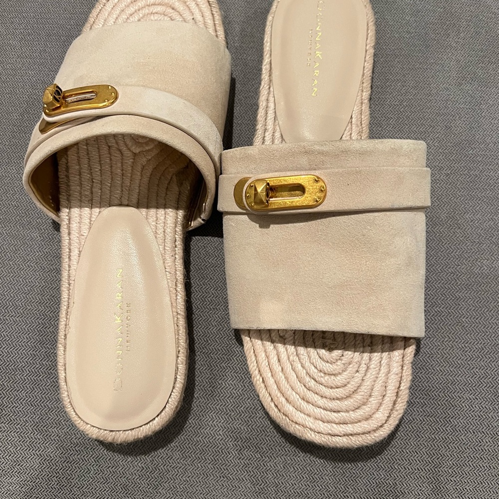 Donna Karan Cream Sandals with Gold Accent